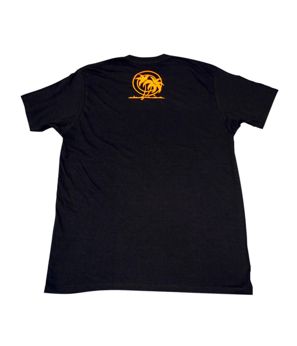 Black NICERIDE Men's t-shirt showing orange palm logo on the center rear yoke, perfect for casual occasions.