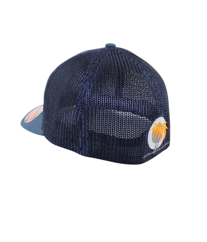 Back view of the "Sunrise" Meshback Flexfit Hat showing blacked out palm logo and breathable mesh design.