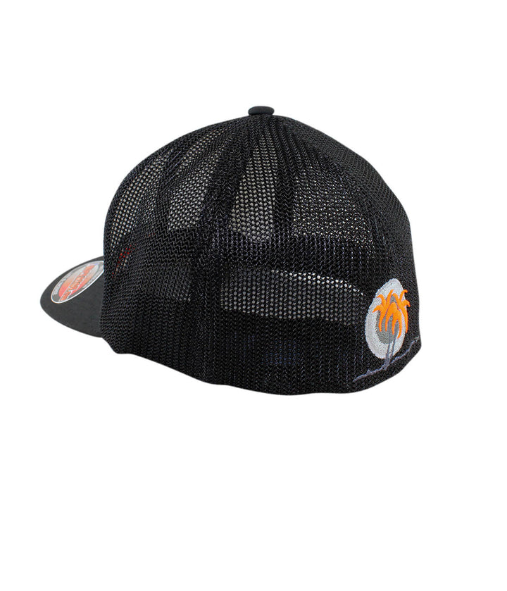 Sunrise Meshback Flexfit Hat showcasing palm logo on the back, designed for style and comfort.