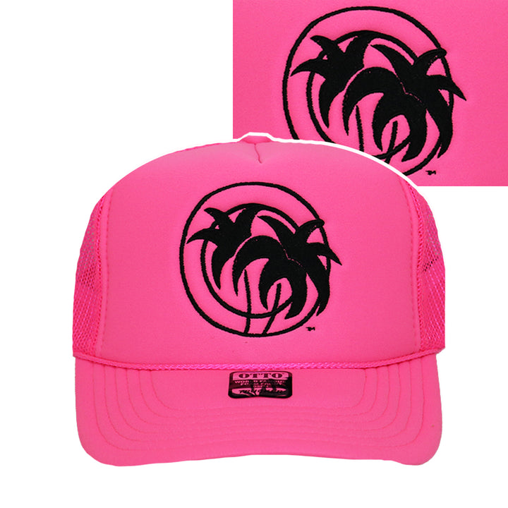 Hot Foam Foam Trucker Hat in bright pink with NICERIDE logo embroidered on the front panel and Classic Pill Logo on back.