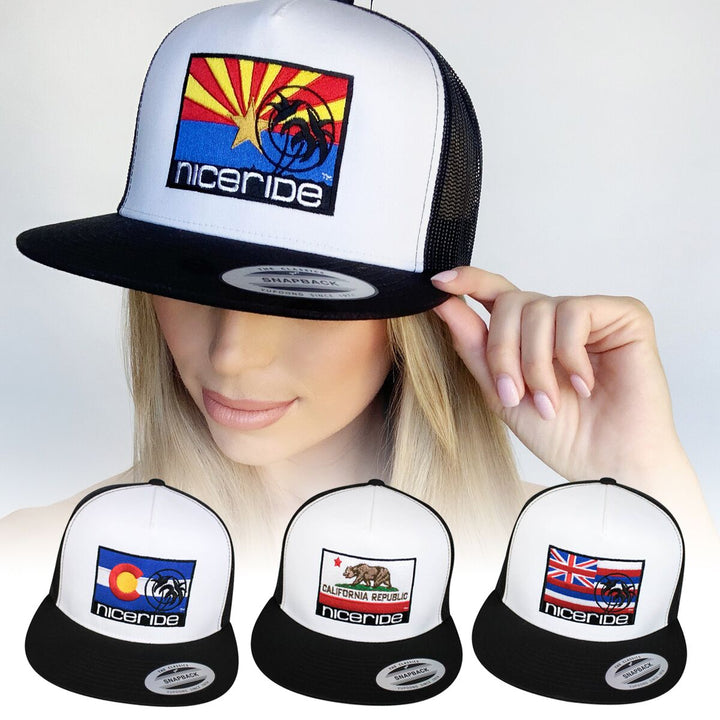 Arizona flag trucker hat with NICERIDE logo, showcased by a woman wearing it, representing unique state pride.