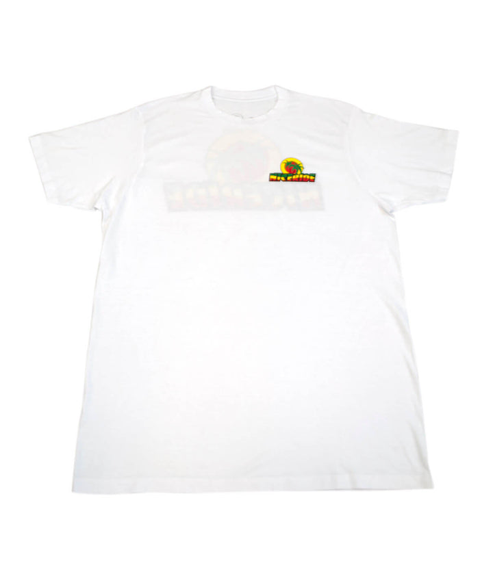 Four Twenty premium shirt in white with NICERIDE sunset logo in rasta colors on left chest and center rear.