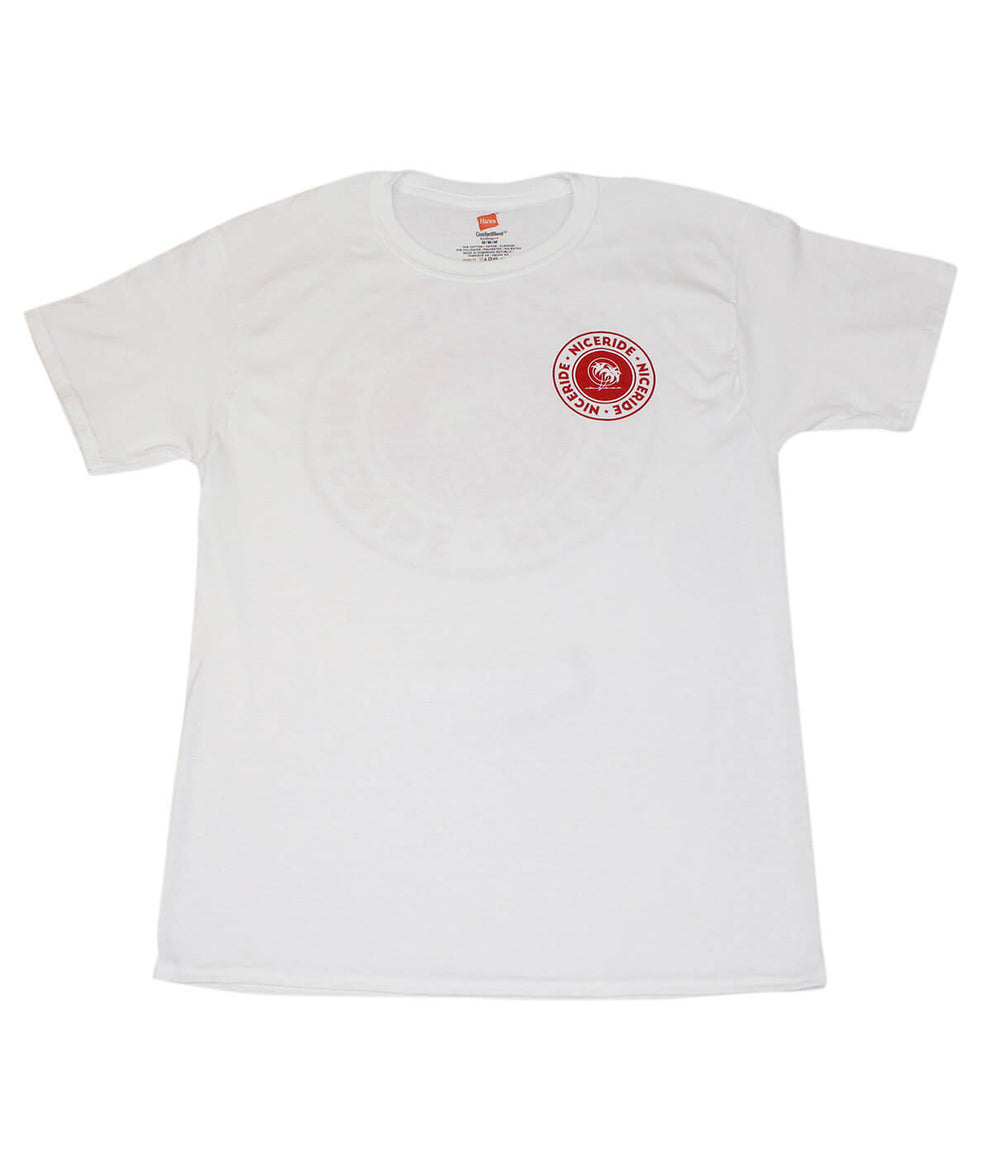 Solid shirt featuring a white Hanes men's short sleeve T-shirt with a red logo on the left chest.