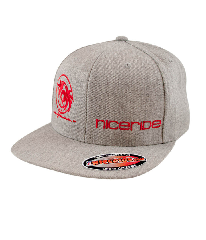 Palm Tower Heather Grey Snapback Hat with NICERIDE logo, a stylish baseball cap for any casual outfit.
