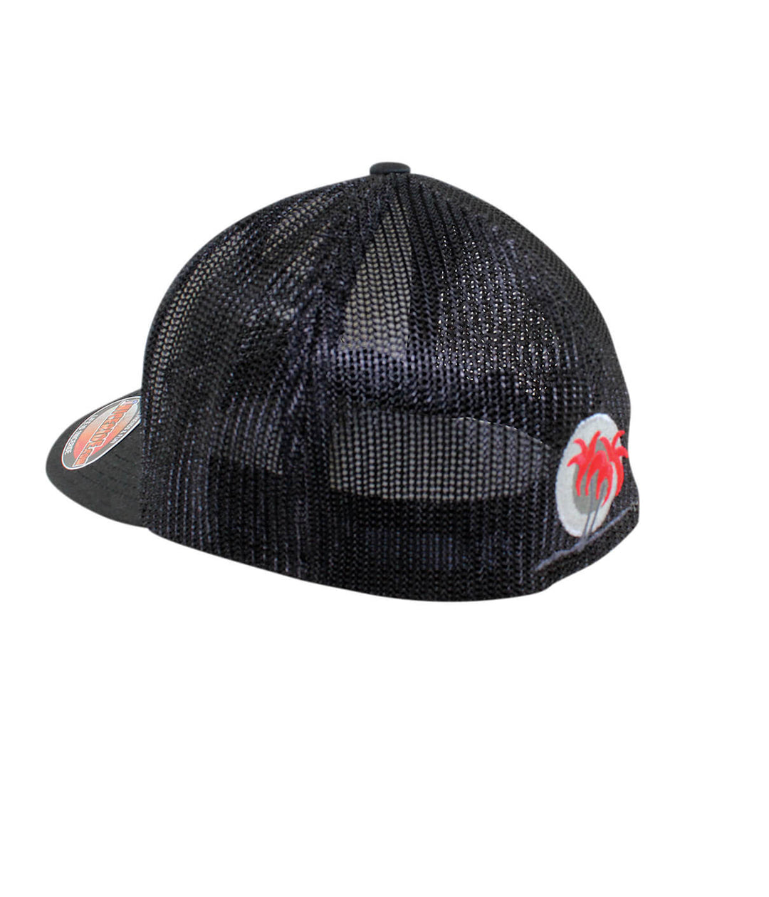 Hang 20 Meshback Flexfit Hat, side view showing classic palm logo with red leaves, perfect outdoor cap.