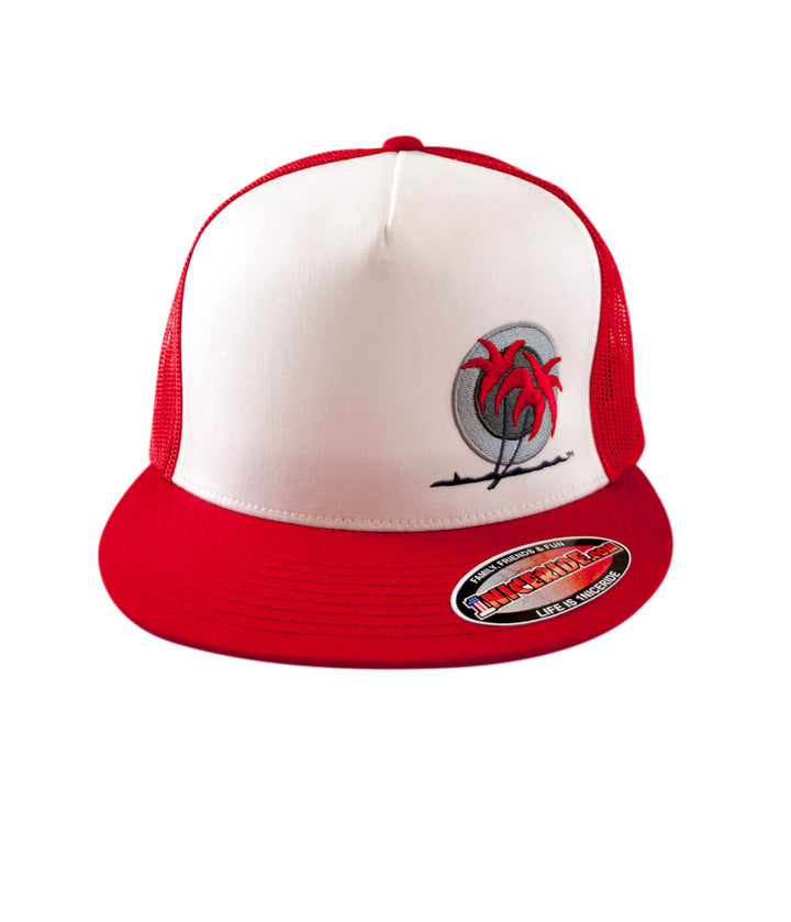 Bold Palm trucker hat featuring a classic palm logo with blue and red leaves, perfect summer accessory.