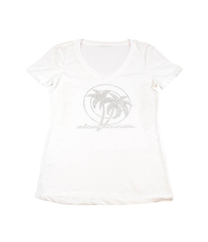 Palm Springs white v-neck shirt with rhinestone palm logo, made from 100% cotton, soft and comfortable.