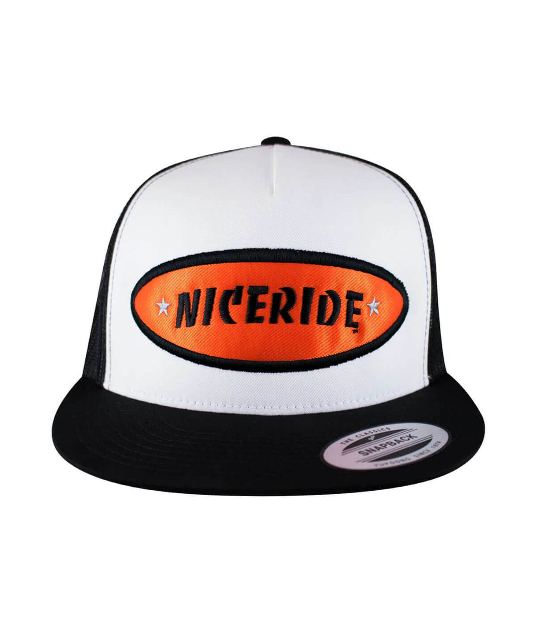 NICERIDE Shield Trucker Cap hat with embroidered patch, classic snapback style in black and white.