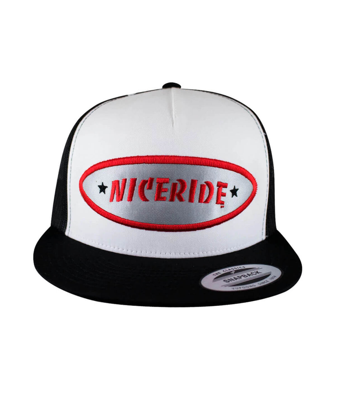 NICERIDE "Shield" Trucker Cap, classic snapback hat with embroidered logo.