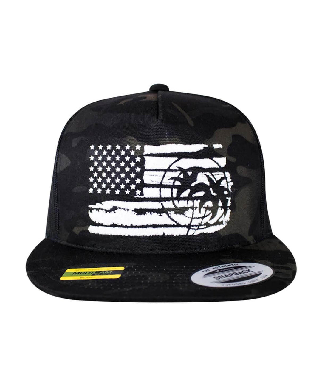 Black camo trucker hat featuring a white American flag design and NICERIDE embroidered logo.