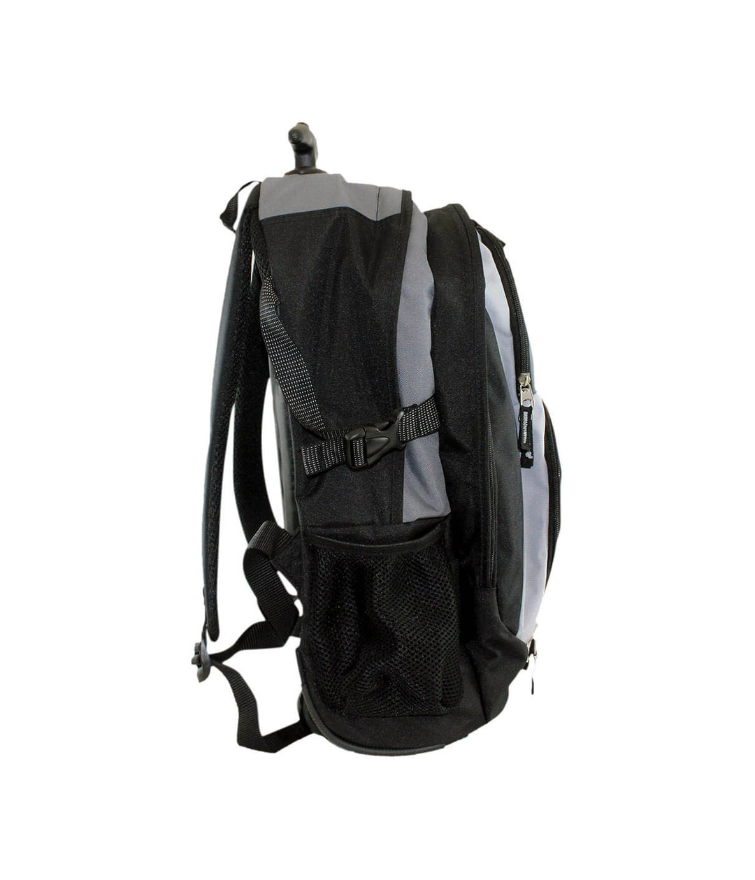 Side view of a black and grey backpack showcasing its adjustable straps and mesh side pocket, perfect for travel.