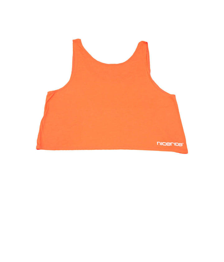 Miami Boxy tank top in vibrant orange color with NICERIDE logo, showcasing a cropped, boxy fit for women.