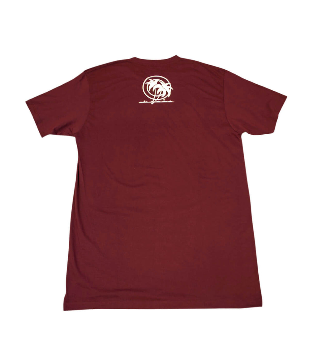 Back view of maroon NICERIDE Men's 100% Cotton Short Sleeve T-Shirt with white palm logo.