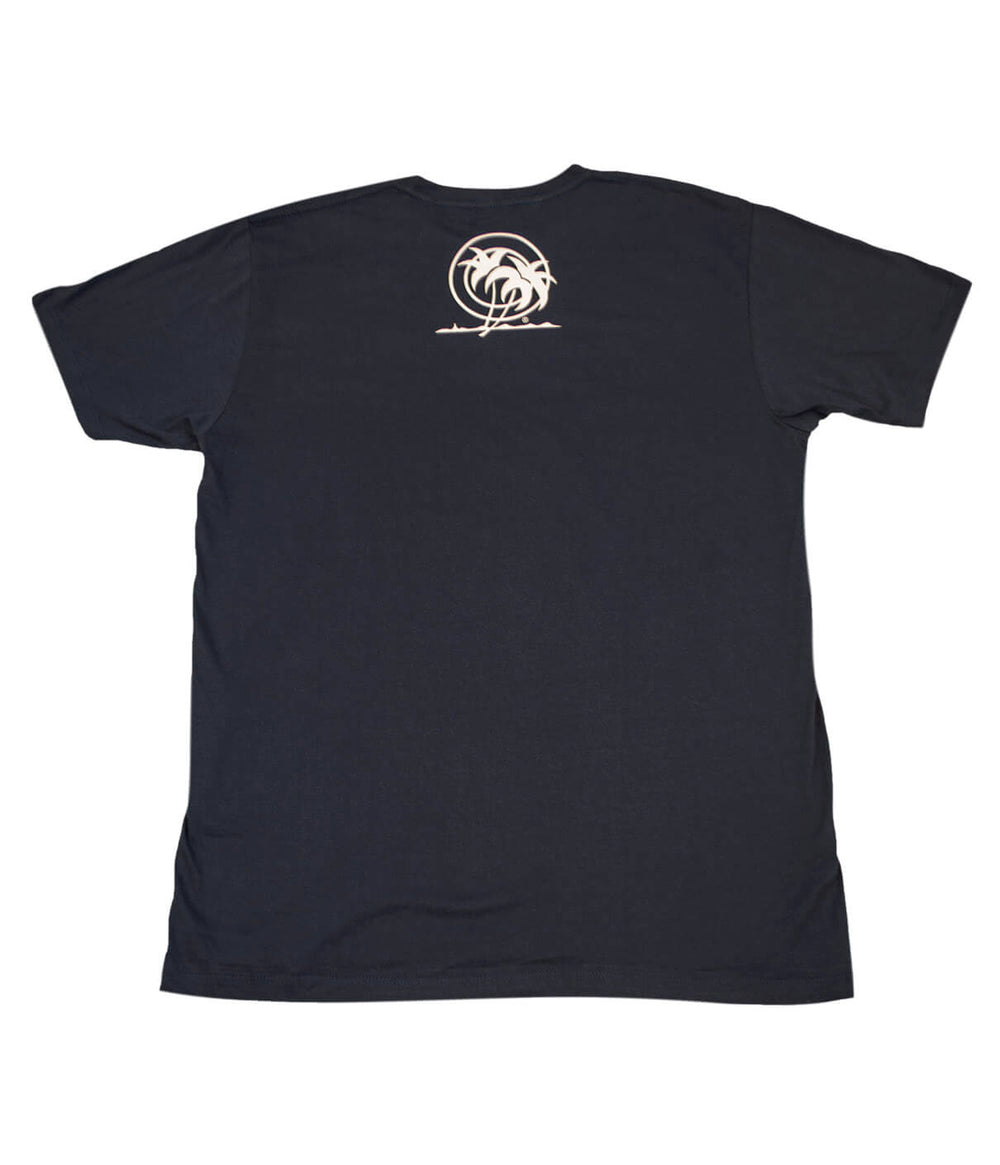 Men's navy blue NICERIDE t-shirt featuring white palm logo on back, 100% cotton fabric, perfect for casual wear.