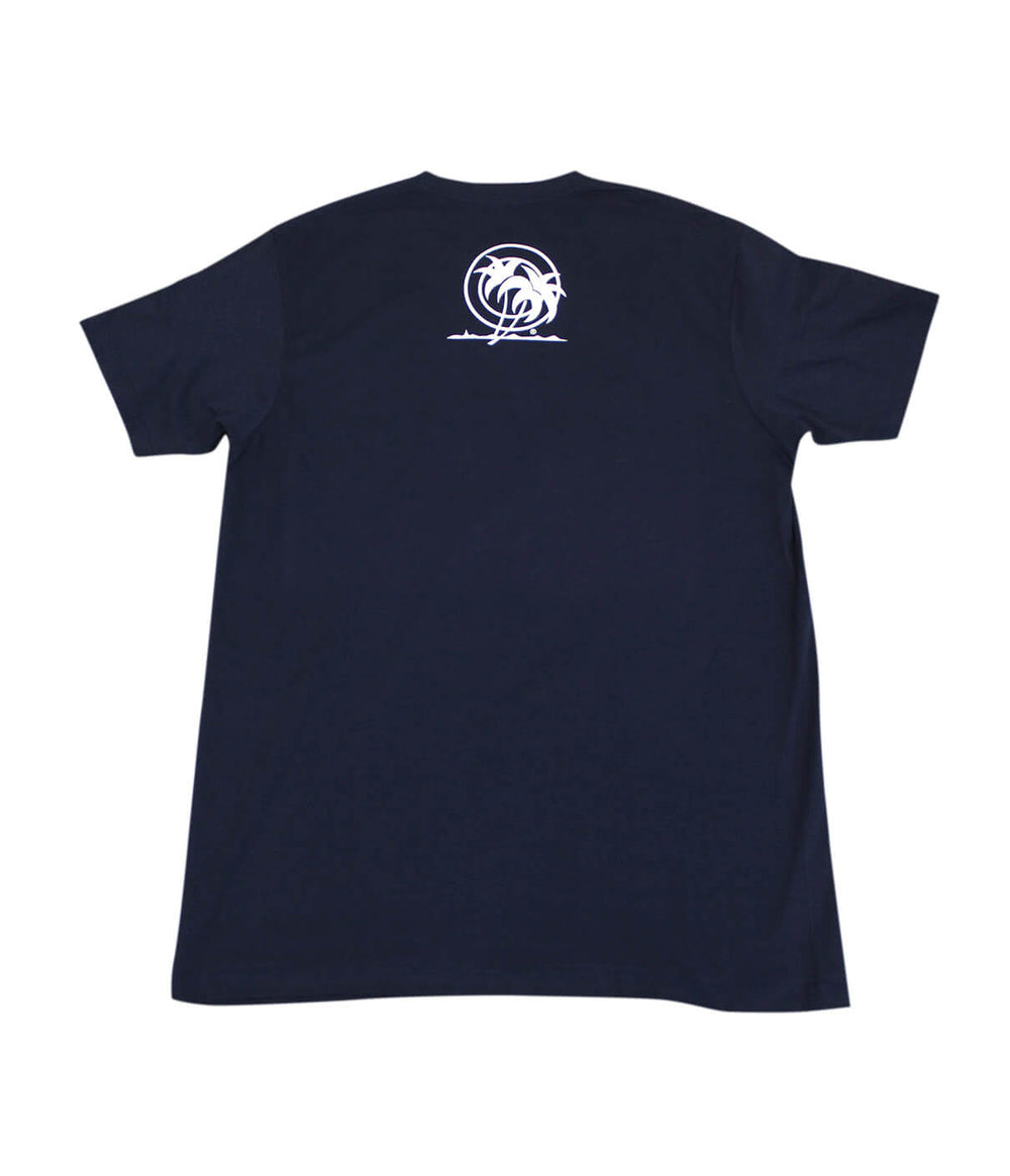 Back view of the Austin P T-Shirt showing the stenciled palm logo in white on navy fabric.