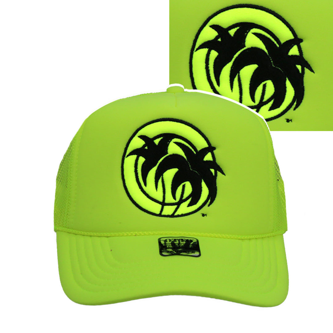 Hot Foam hat featuring a vibrant neon yellow design with embroidered palm logo.