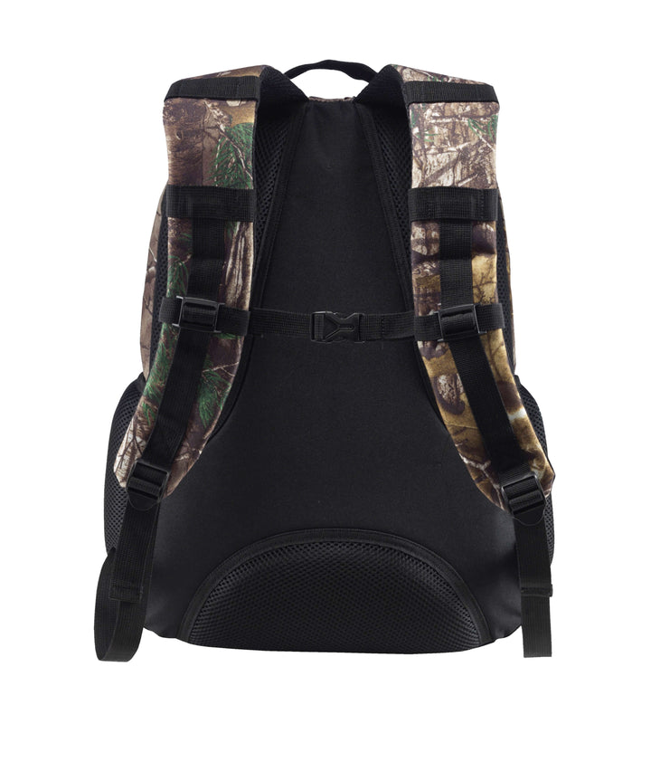 Back view of a Buck-Eye camo backpack featuring padded shoulder straps and camouflage design.