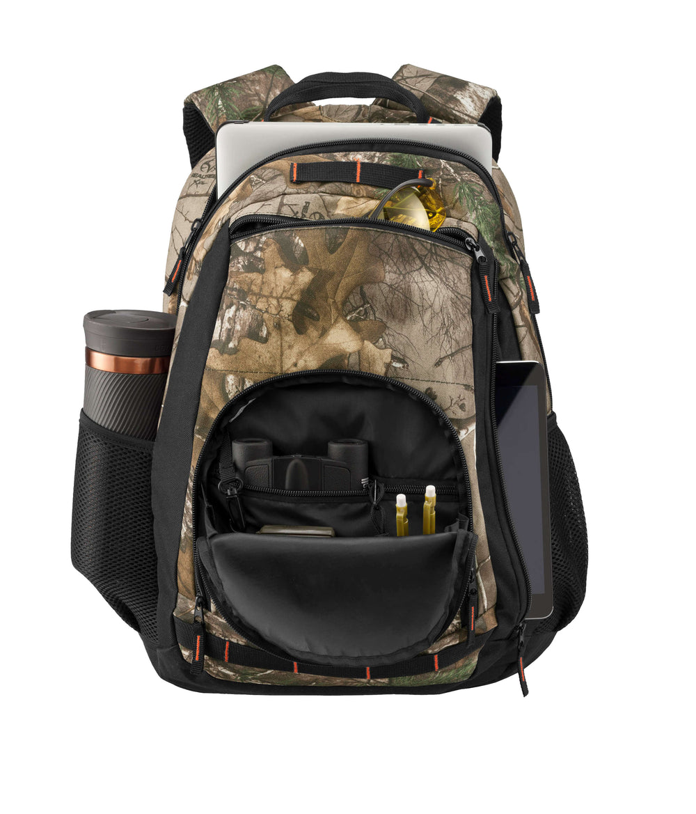 INTERSTATE 619 camo backpack showing interior compartments and exterior design details in Realtree Xtra camouflage.