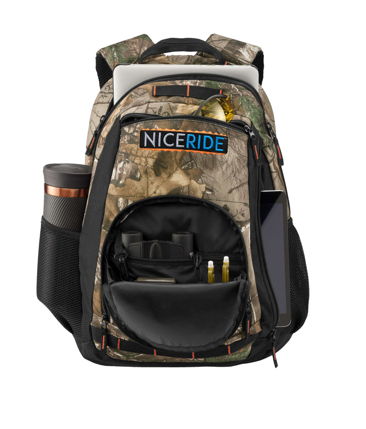 Buck-Eye camo backpack featuring NICERIDE design, multiple pockets, and padded laptop sleeve.