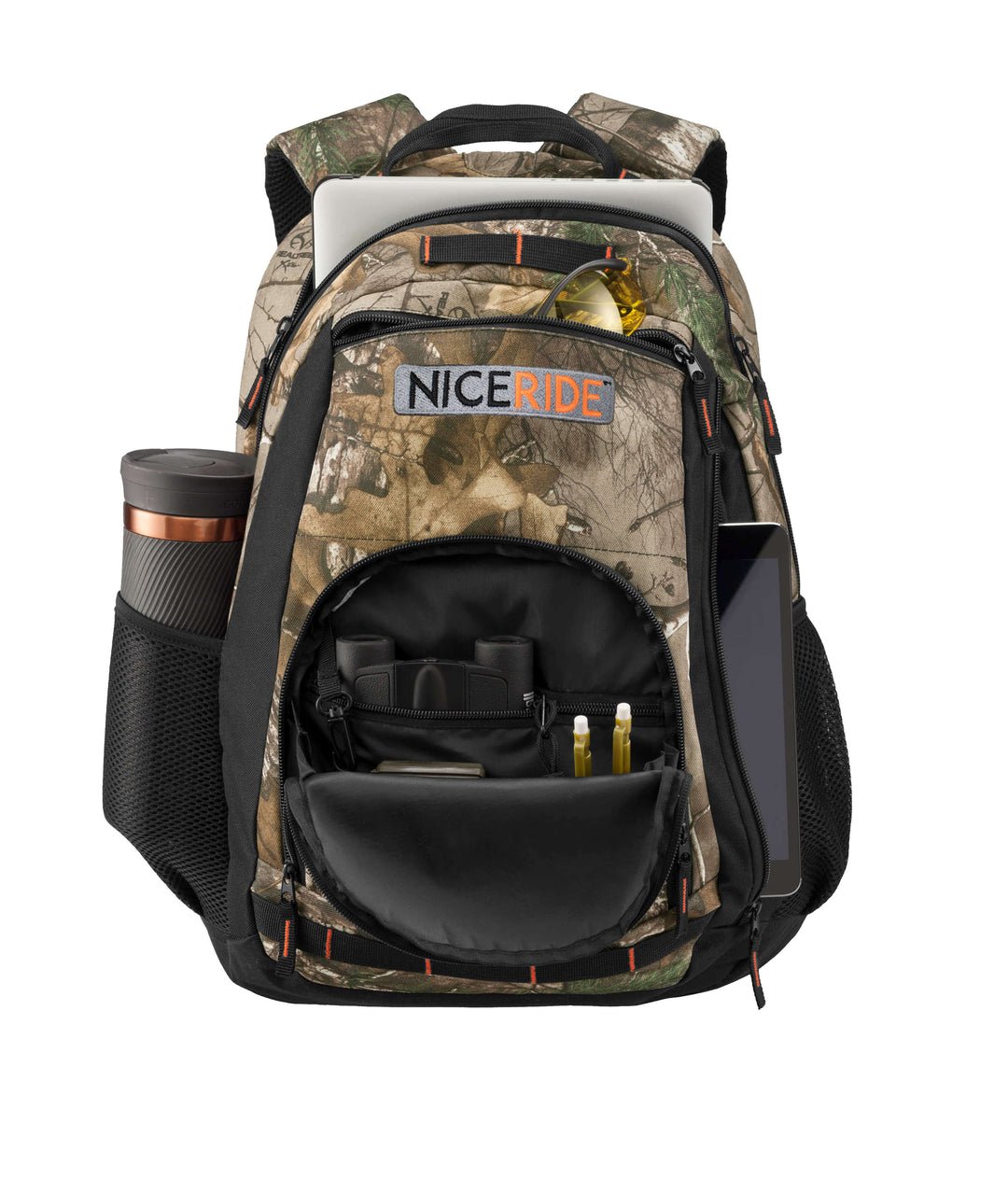 Strong camo backpack with American flag, padded laptop sleeve, and neon orange accents by NICERIDE.