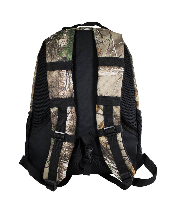Back view of a camouflage backpack with padded shoulder straps, suitable for outdoor activities and everyday use.