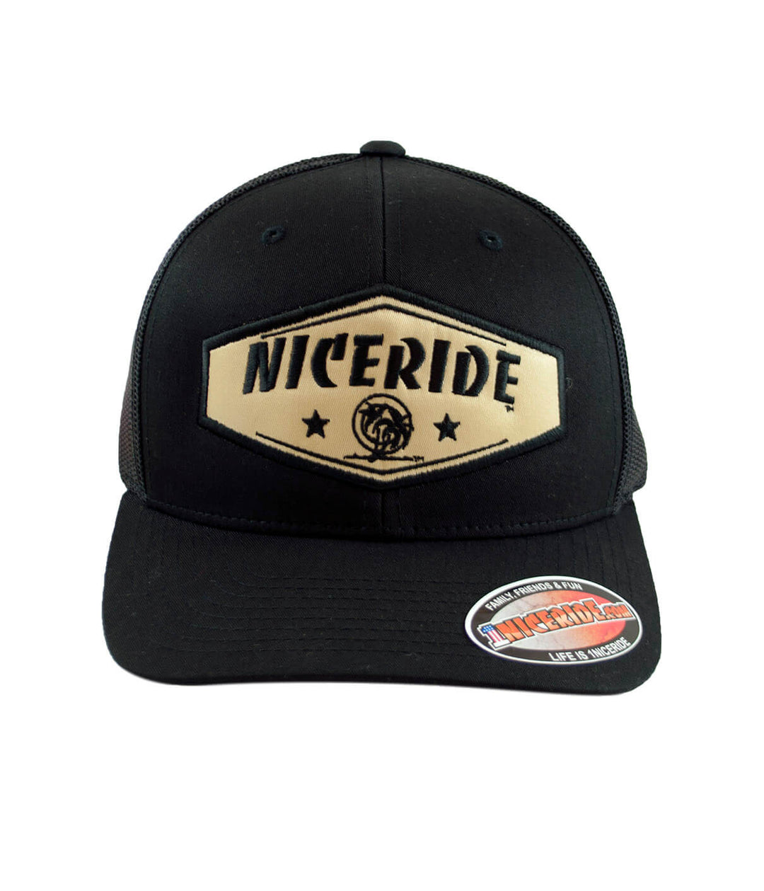 NICERIDE black trucker hat with gold emblem and mesh back, perfect for outdoor activities.