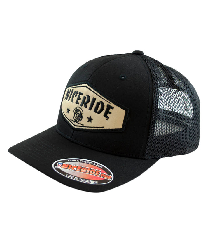 Chevron - Khaki Retro Trucker Hat with NICERIDE patch in khaki, a stylish baseball cap for any occasion.