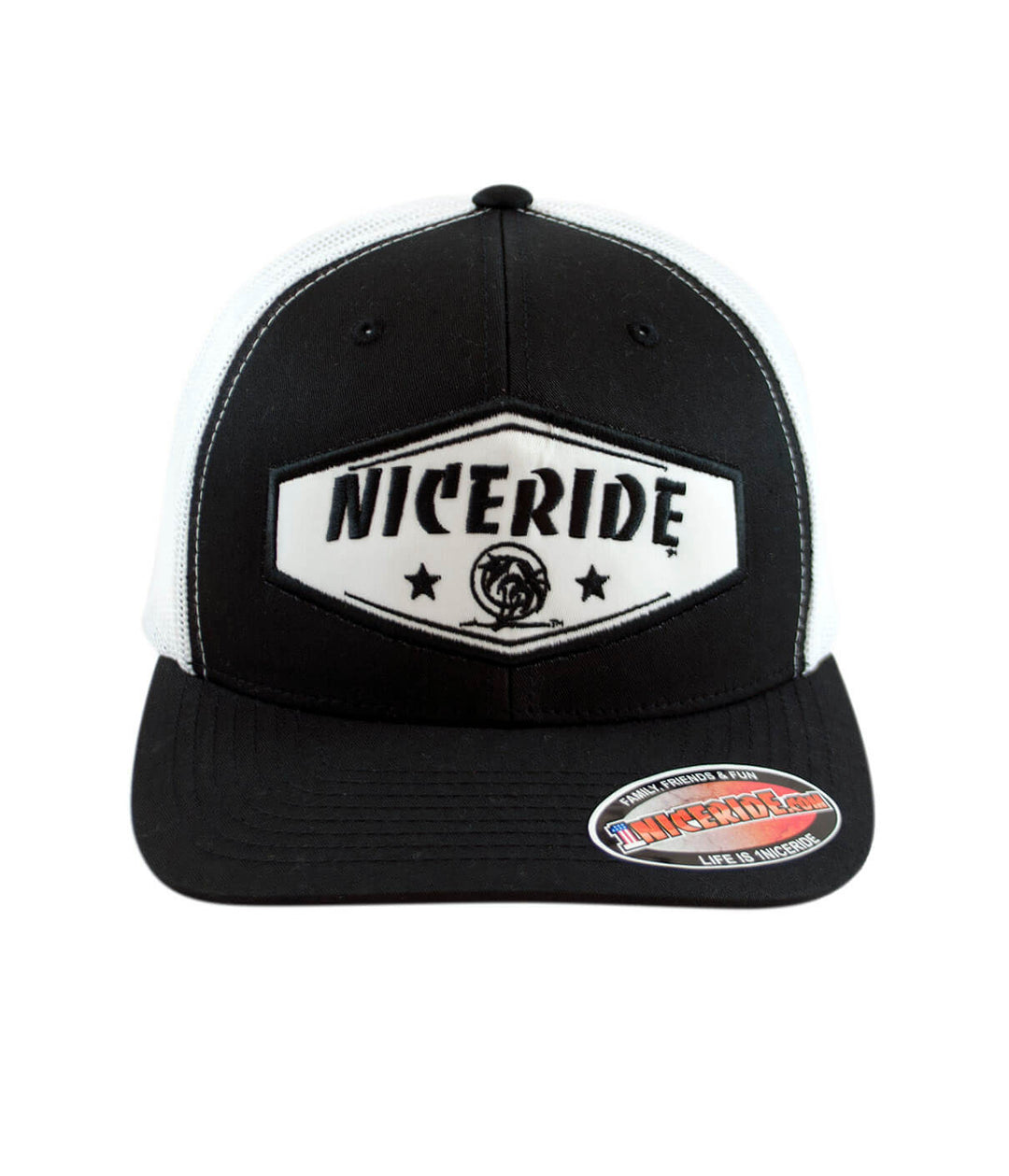 NICERIDE Retro Trucker Hat with black and white design, featuring embroidered patch, perfect for hat enthusiasts.