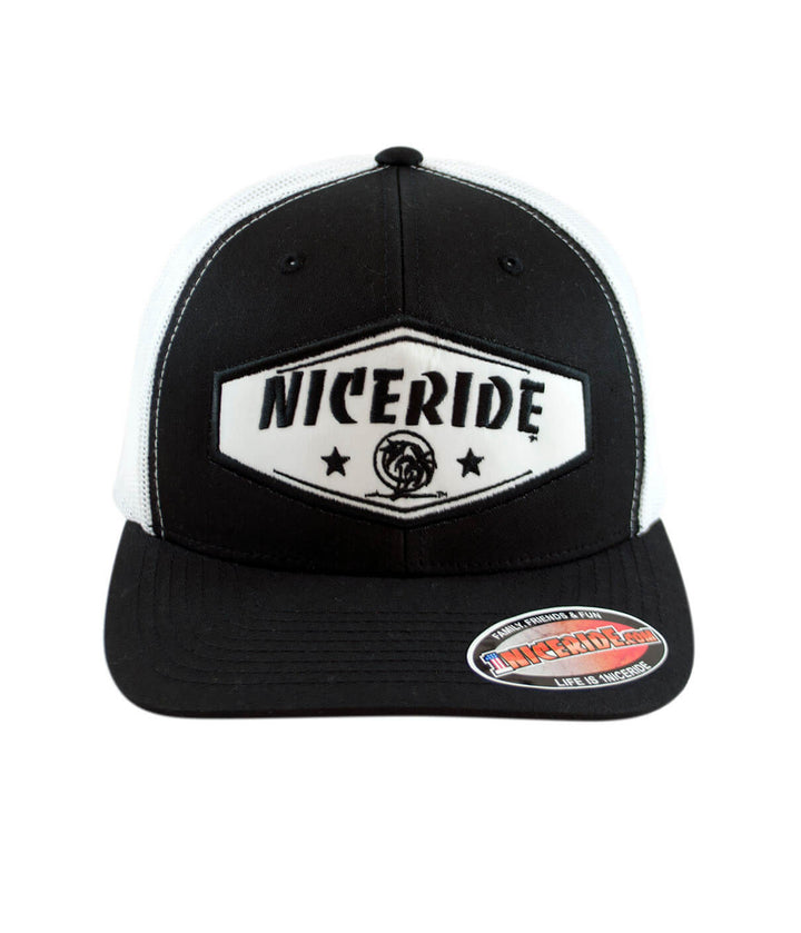 NICERIDE Retro Trucker Hat with black and white design, featuring embroidered patch, perfect for hat enthusiasts.
