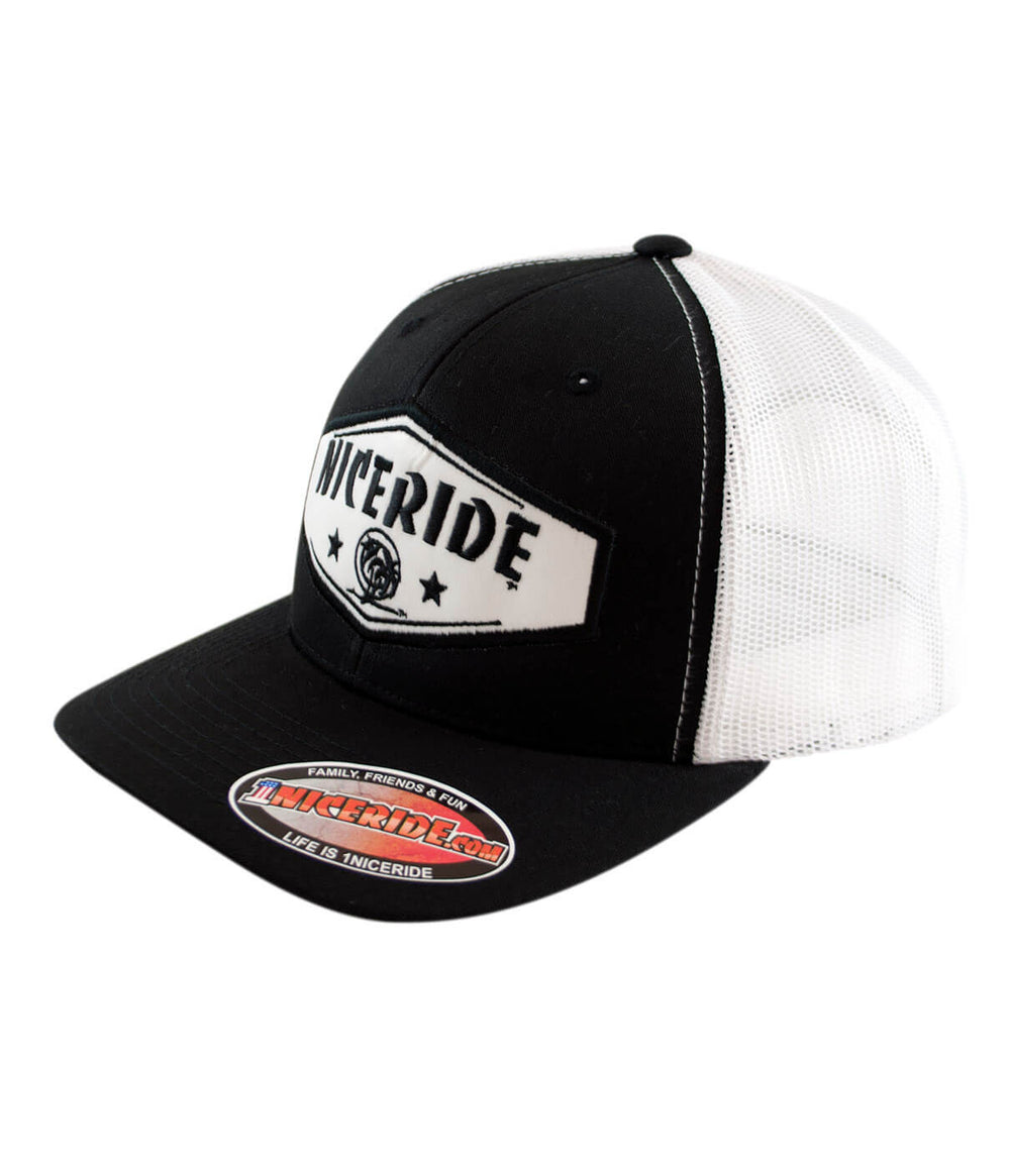Chevron - White Retro Trucker Hat featuring NICERIDE patch, a stylish hat for casual wear.