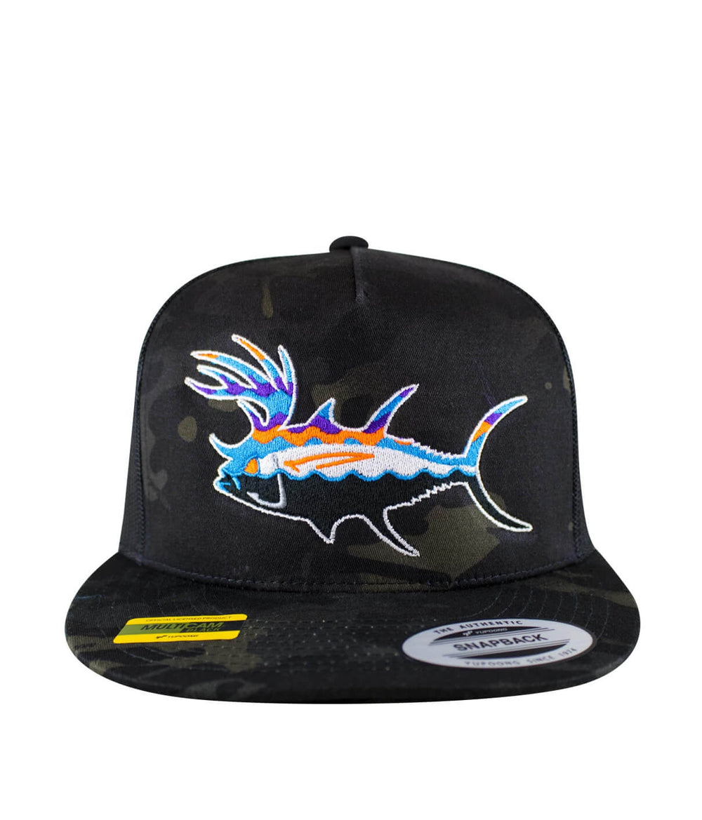 Buck-Eye Explorer unisex snapback trucker hat featuring a colorful fish design on front panel.