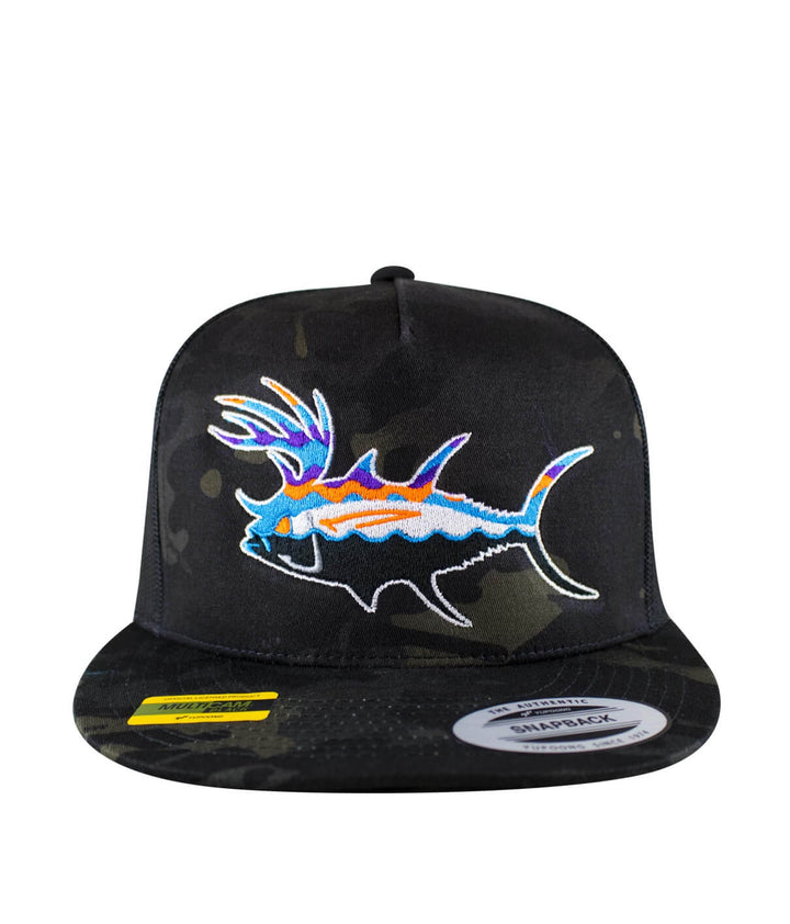 Buck-Eye Explorer unisex snapback trucker hat featuring a colorful fish design on front panel.
