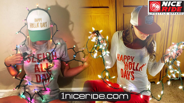 Women wearing holiday shirts, one with &