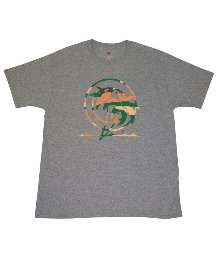 Open Season shirt featuring NICERIDE camo palm logo on gray Hanes t-shirt.