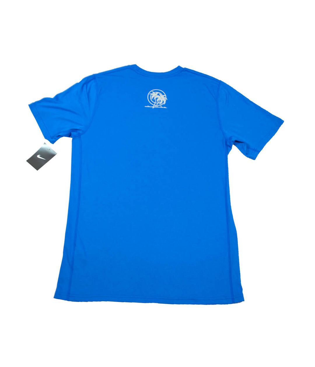 Back view of a blue NIKE Dri-Fit shirt featuring Classic Palm logo, perfect for sports and casual wear.