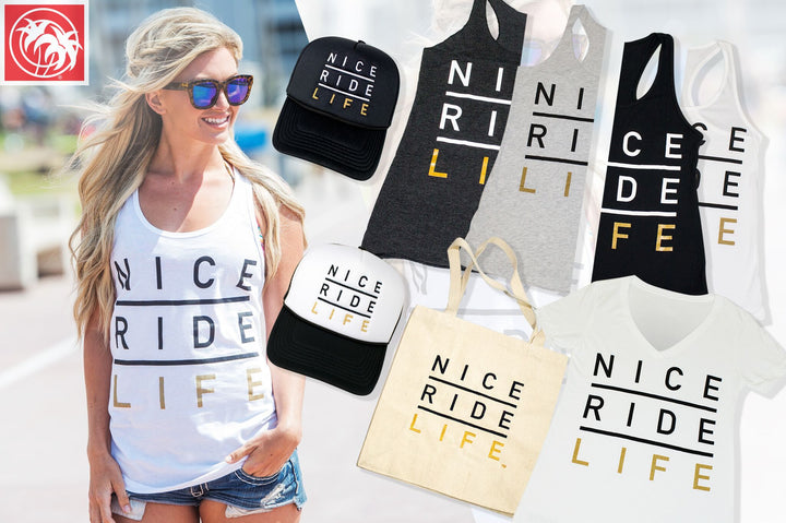 La Jolla tank top collection featuring white and black racerback designs, showcasing NICERIDE brand style.