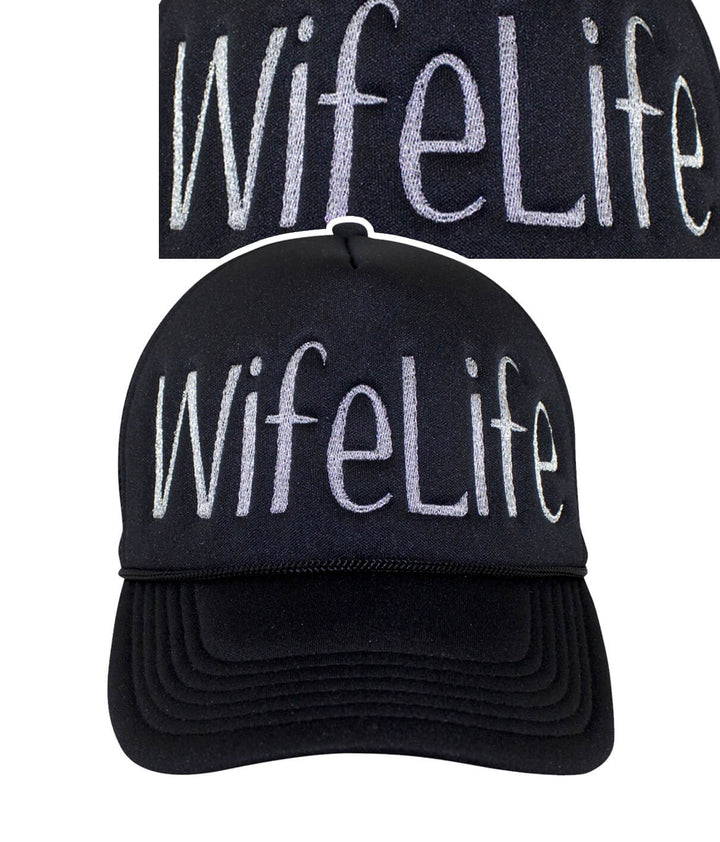 Wife Life Foam Trucker Hat with embroidered text and NICERIDE logo on the side, perfect for daily wear.