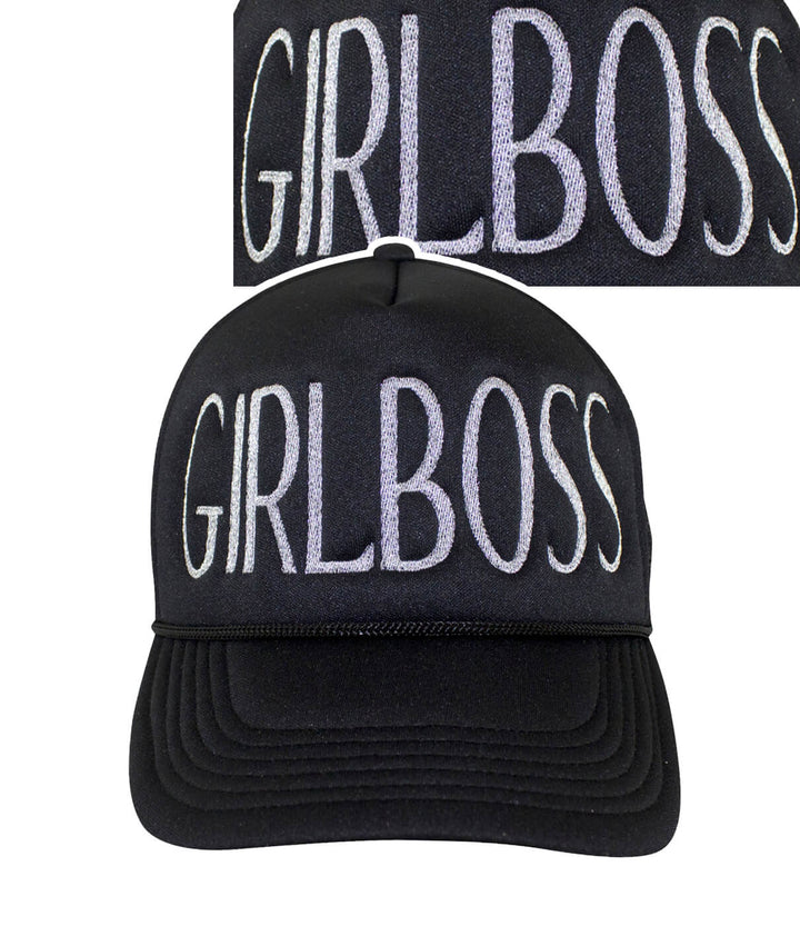 Girl Boss Foam Trucker Hat with embroidered text on front panel and side, designed for stylish looks.