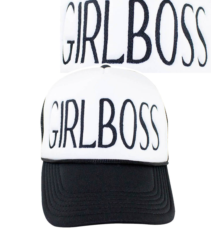 Girl Boss Foam Trucker Hat featuring embroidered GIRLBOSS text, perfect stylish hat for any occasion.