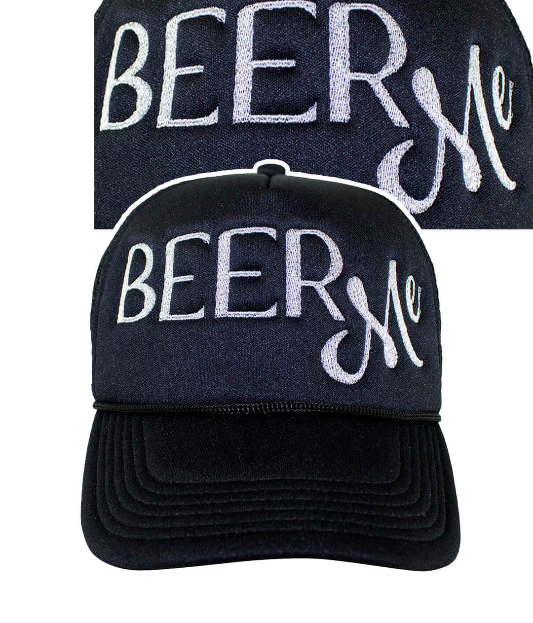 Beer Me Foam Trucker Hat, black cap with embroidered text, stylish hat for casual wear.