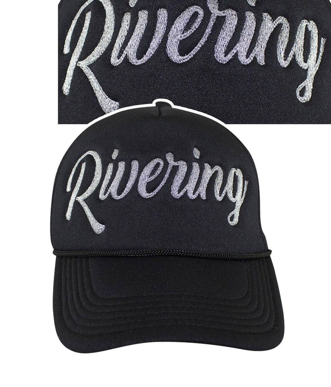 Black foam trucker hat featuring "Rivering" embroidered on the front, perfect for river outings.