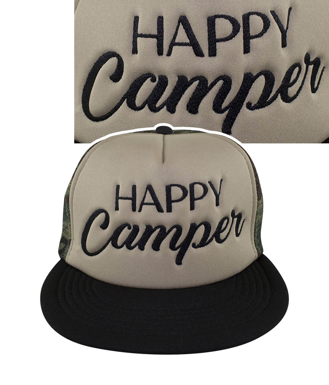 Camo Foam Trucker Hat featuring "Happy Camper" embroidery on the front, a stylish baseball cap.