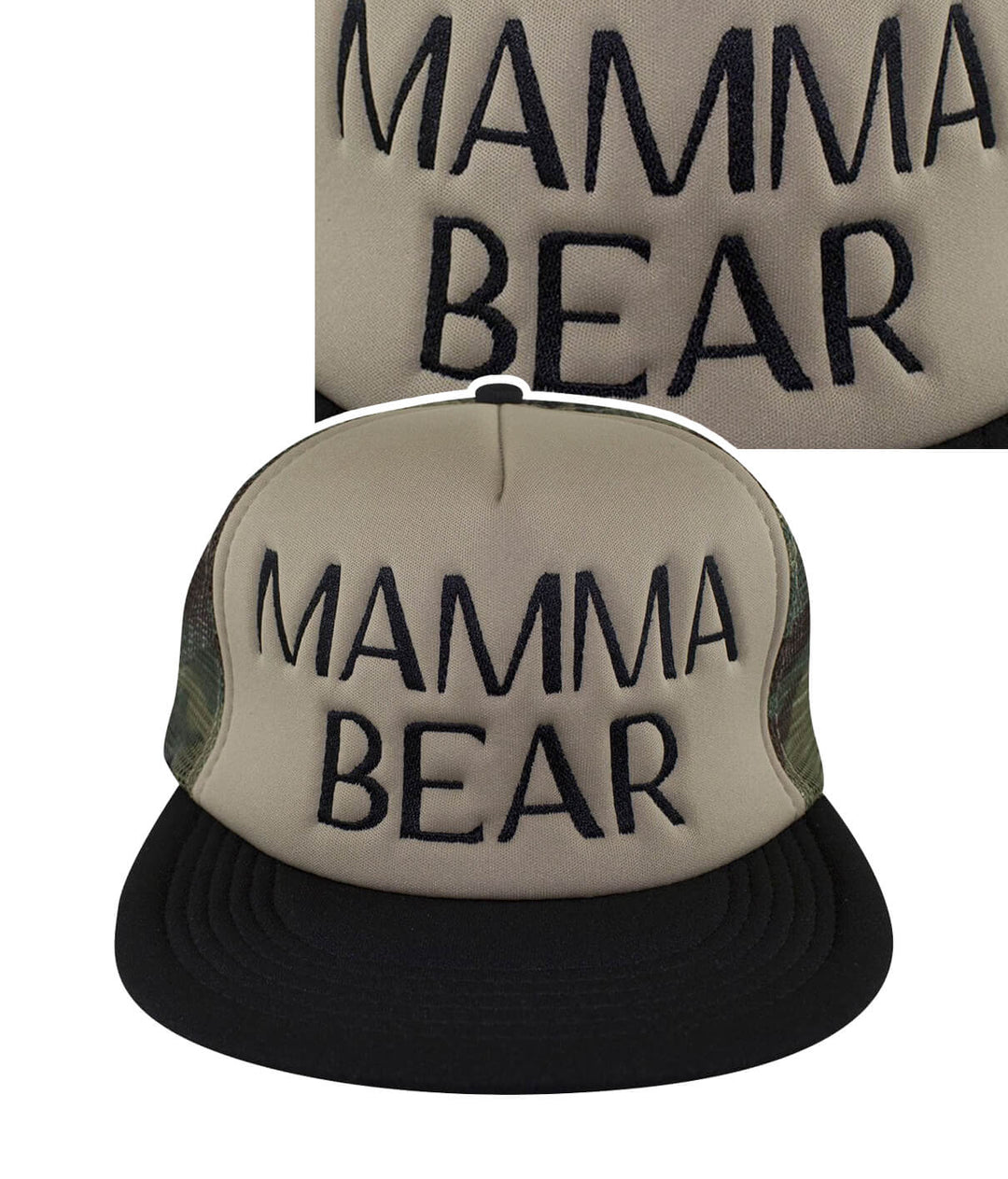 Mamma Bear camo foam trucker hat, baseball cap with embroidered text and black brim, perfect for outdoor enthusiasts.