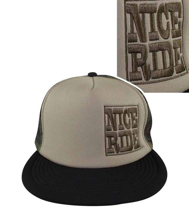 NR Trucker District Foam Trucker Hat with NICE RIDE embroidery on front and blacked out palm logo on back.