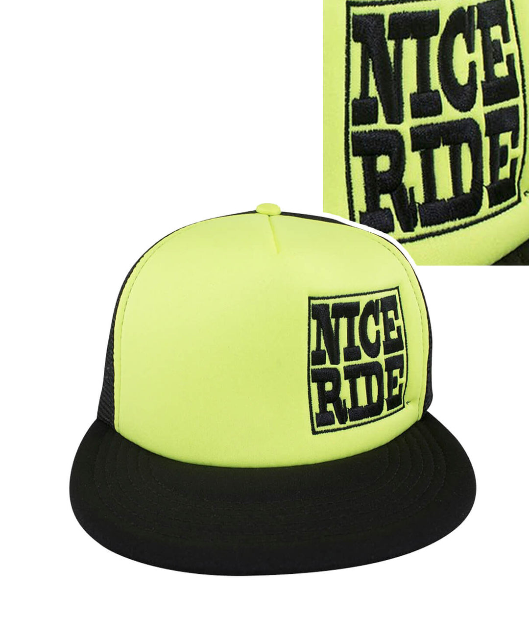NR Trucker hat featuring NICE RIDE embroidery on a bright yellow foam front and black mesh back.
