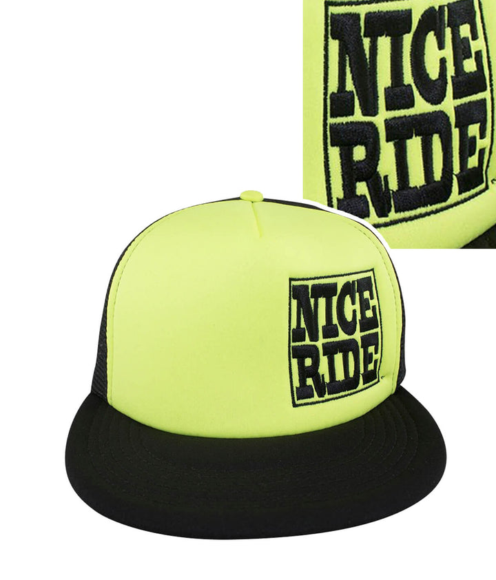 NR Trucker hat featuring NICE RIDE embroidery on a bright yellow foam front and black mesh back.