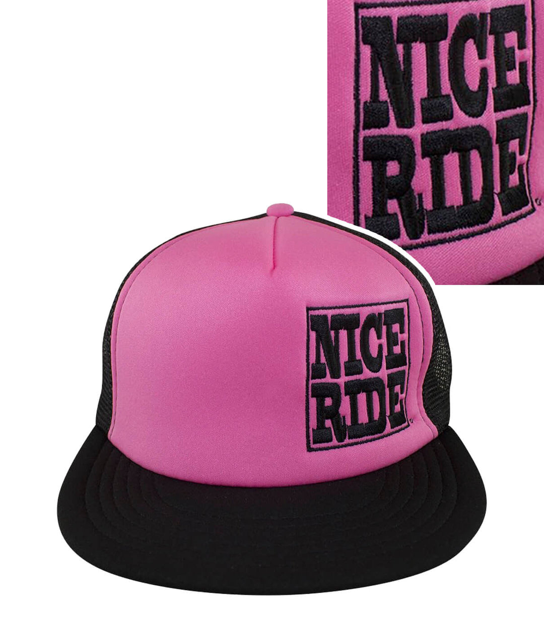 NR Trucker District Foam Trucker Hat in pink with NICE RIDE logo, perfect hat for casual wear.