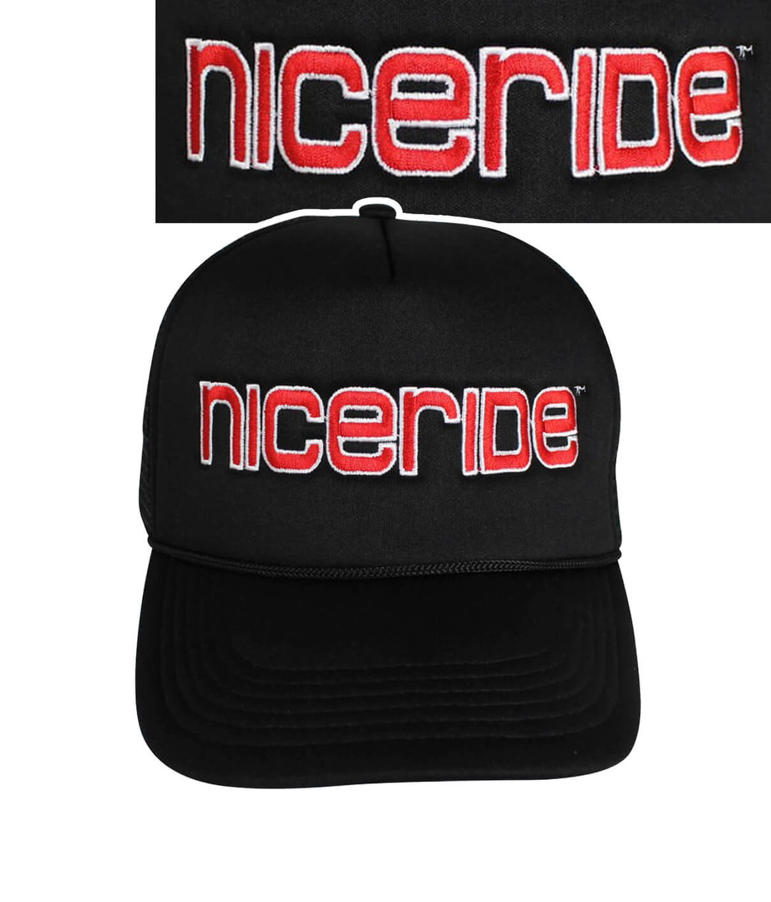 Bold Tower Black Foam Trucker Hat featuring NICERIDE logo embroidered on front and black palm logo on back.