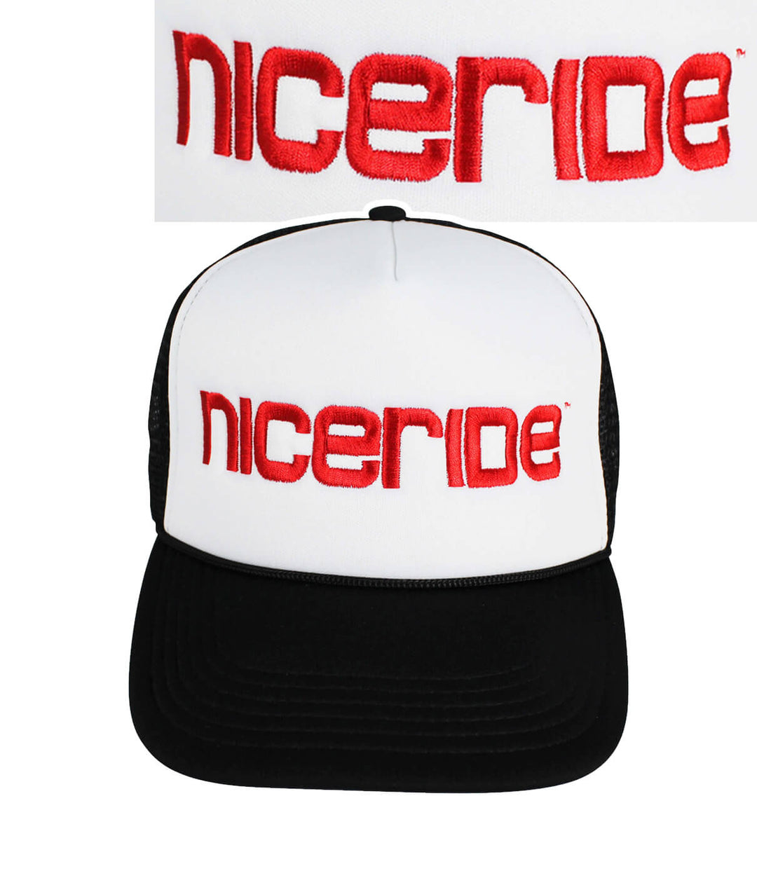 Bold Tower Foam Trucker Hat featuring NICERIDE logo, a stylish hat with black and white design, perfect for casual wear.