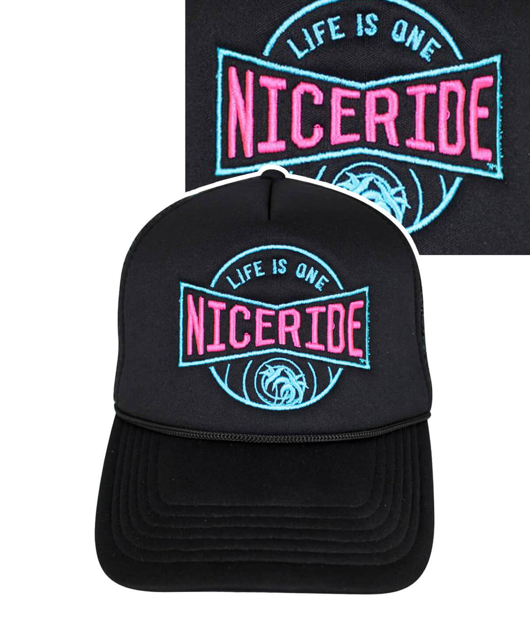Foam Trucker Hat featuring NICERIDE logo and vibrant embroidery, perfect stylish hat for casual wear.